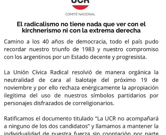 “La UCR no tiene nada que ver con el Kirchnerismo ni con la Extrema Derecha”