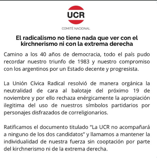 “La UCR no tiene nada que ver con el Kirchnerismo ni con la Extrema Derecha”